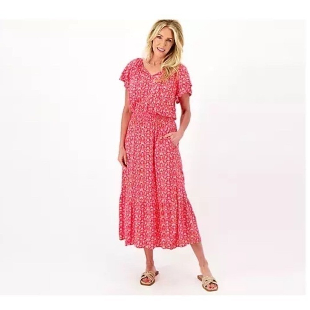 Destination 365 Large Maxi Dress‎ Red White Print Flutter Sleeve Boho Summer